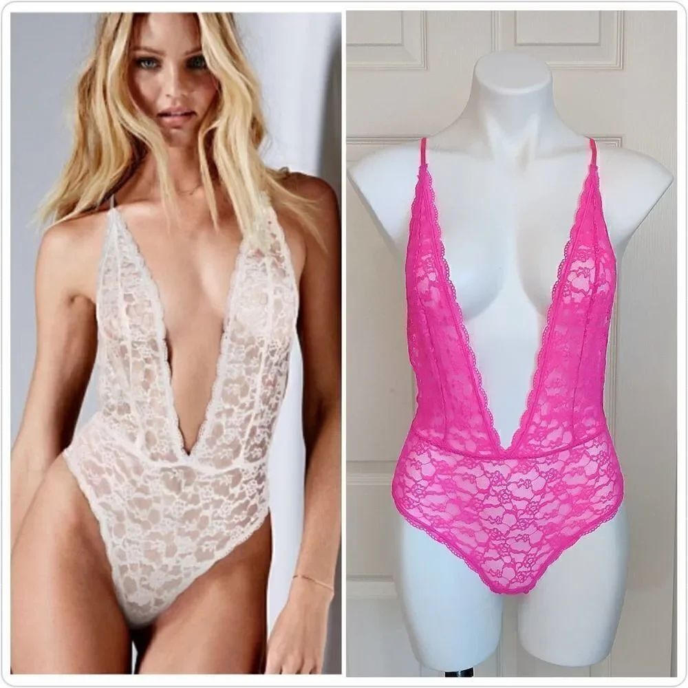 Victoria's Secret stretch sheer teddy lace up bodysuit sz S
